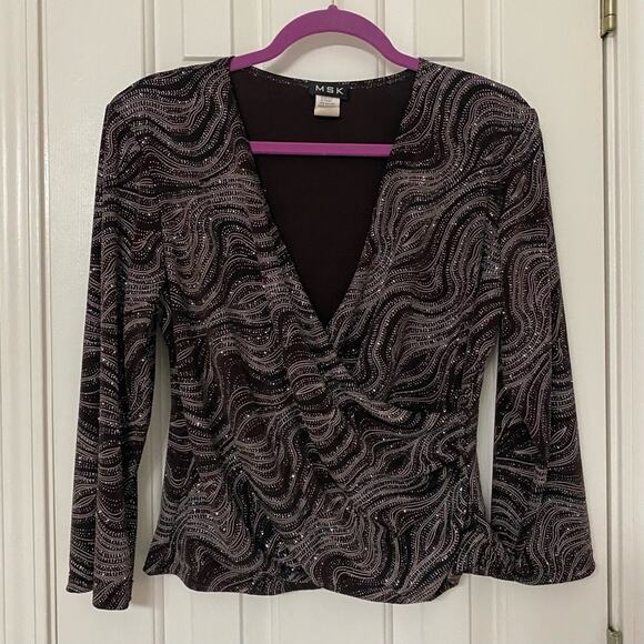 MSK • Metallic Glitter Wrap 3/4 Sleeve Cocktail Top Blouse - Picture 2 of 6